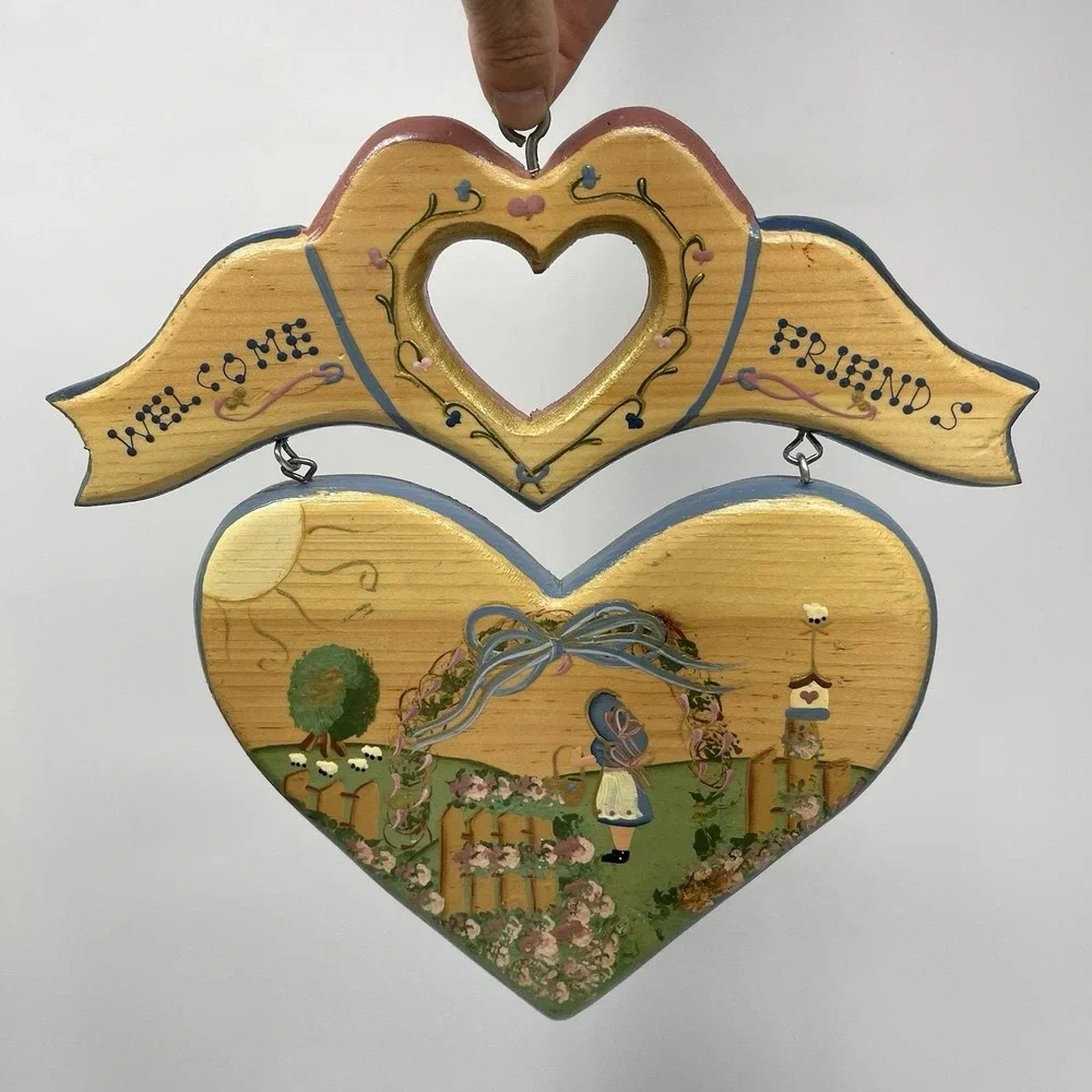 Vintage Heart Shaped Wood Folk Art Welcome Sign Handmade Country Cottage Grandma